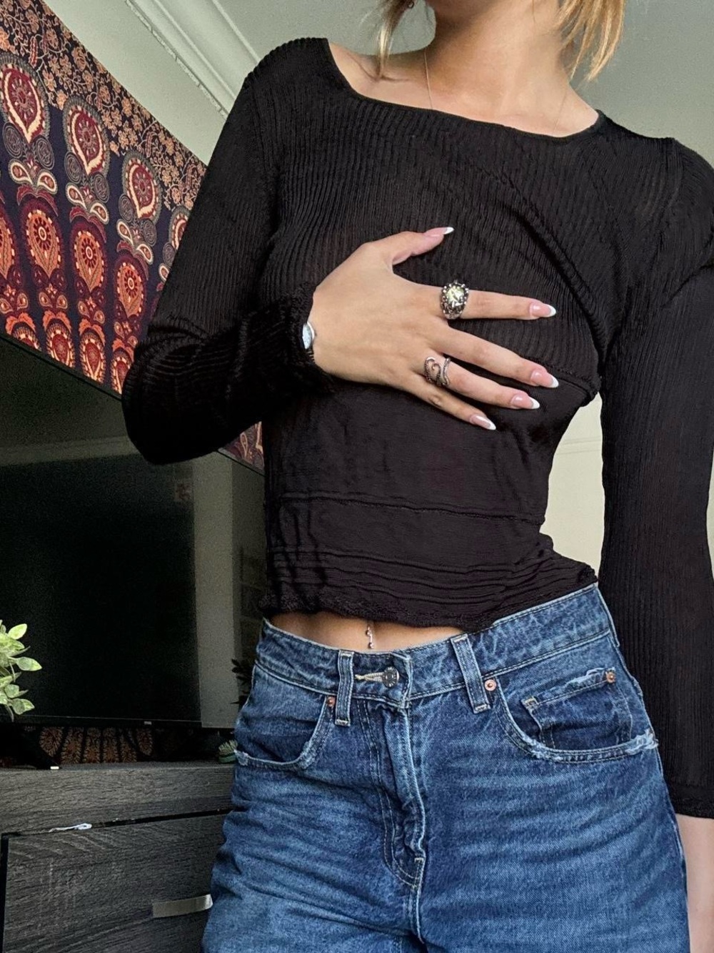 Vintage Black Ribbed Long-Sleeve Top